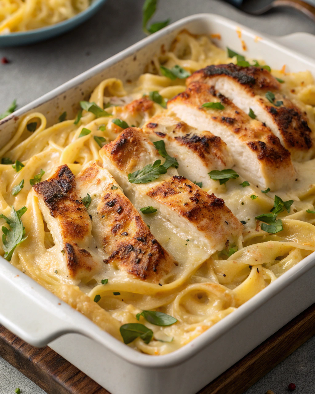 Baked Chicken Alfredo Pasta with Golden Crust
