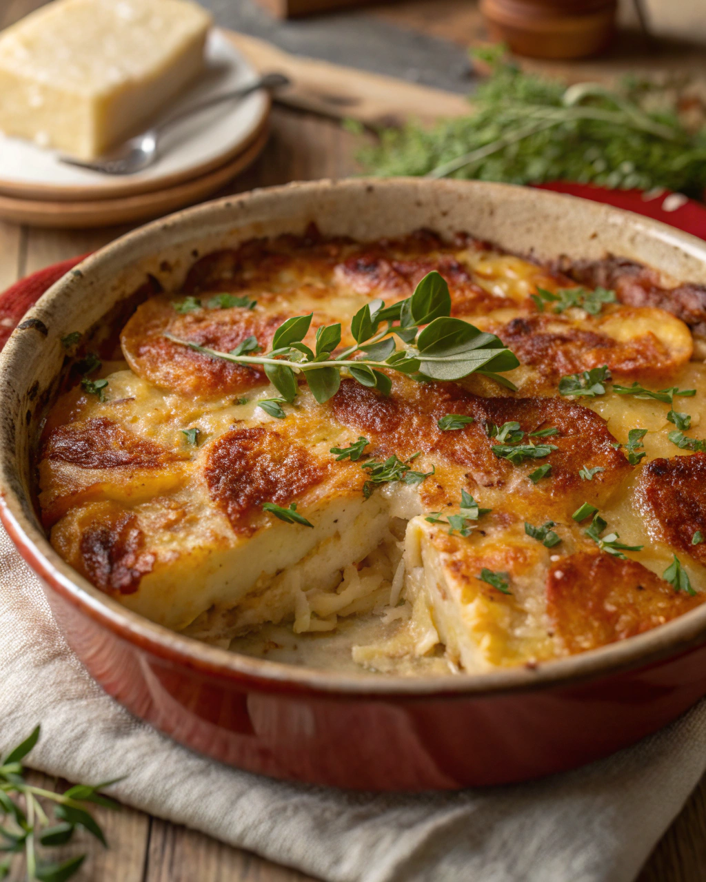 Bubbly, Crispy Potato Gratin with Parmesan & Gruyere