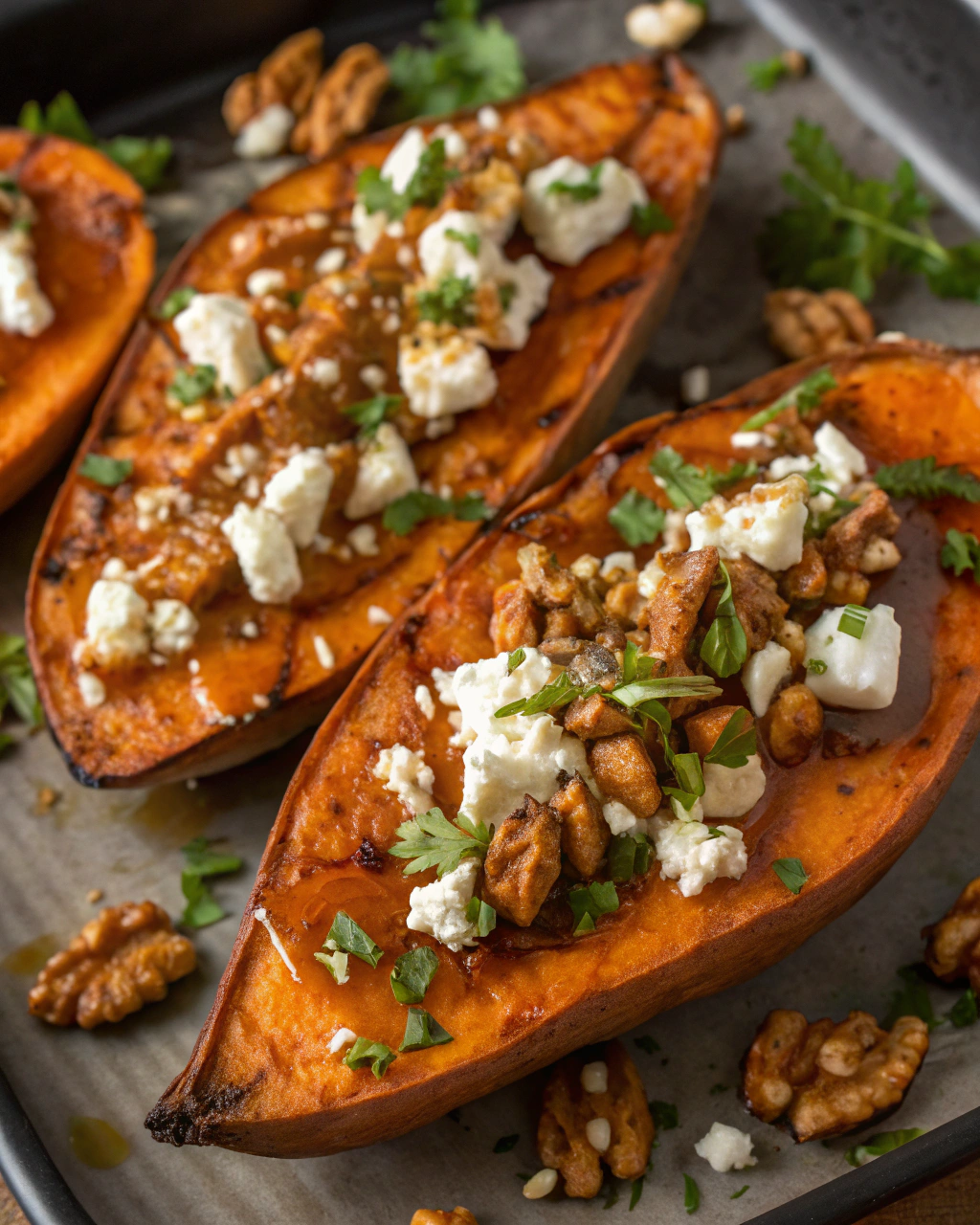 Caramelized Sweet Potatoes with Maple, Feta & Crunchy Walnuts