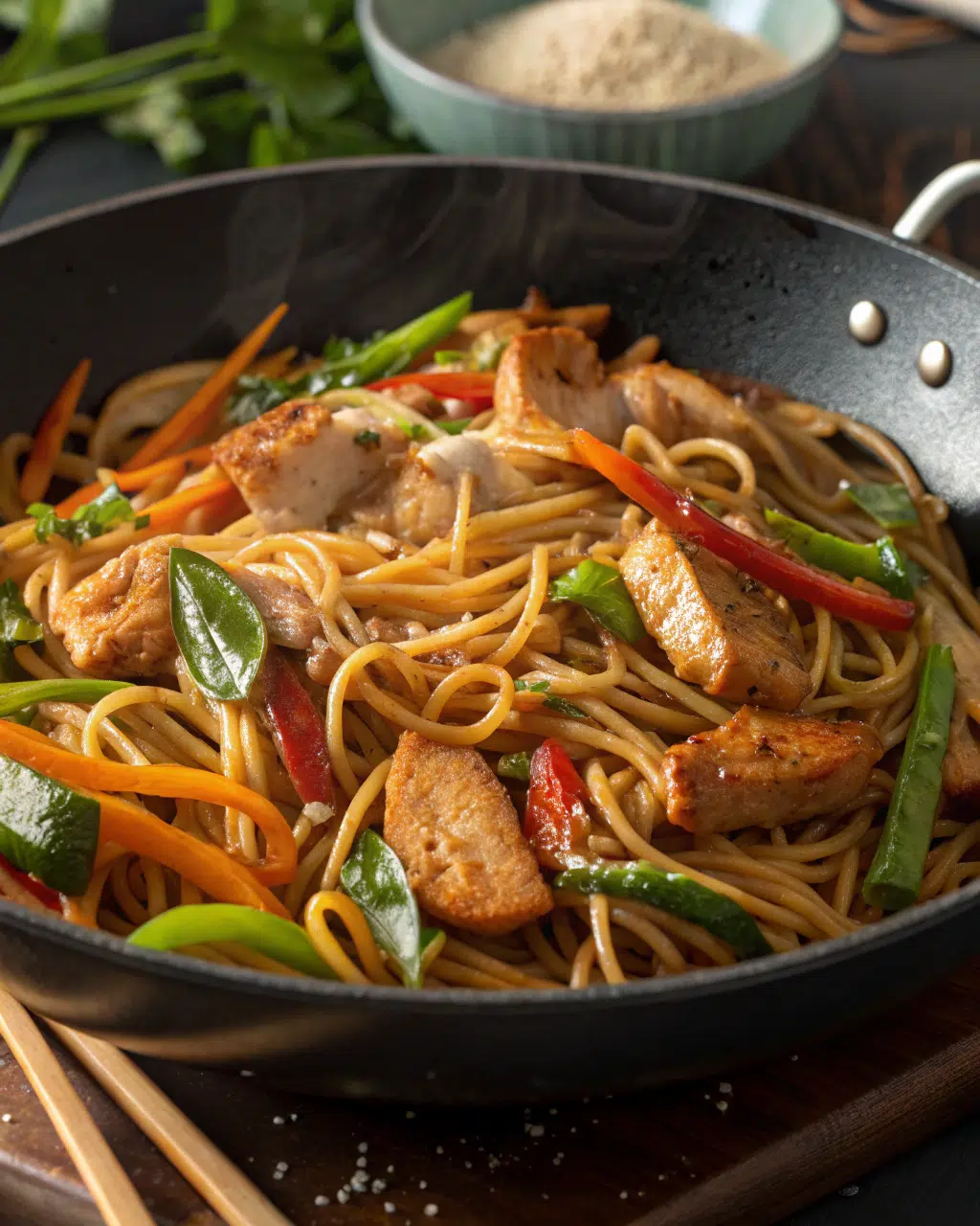Garlic Chicken Lo Mein with Sautéed Vegetables