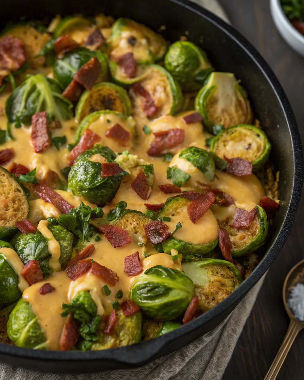 Golden Brussels Sprouts with Bacon & Tangy Mustard Cream