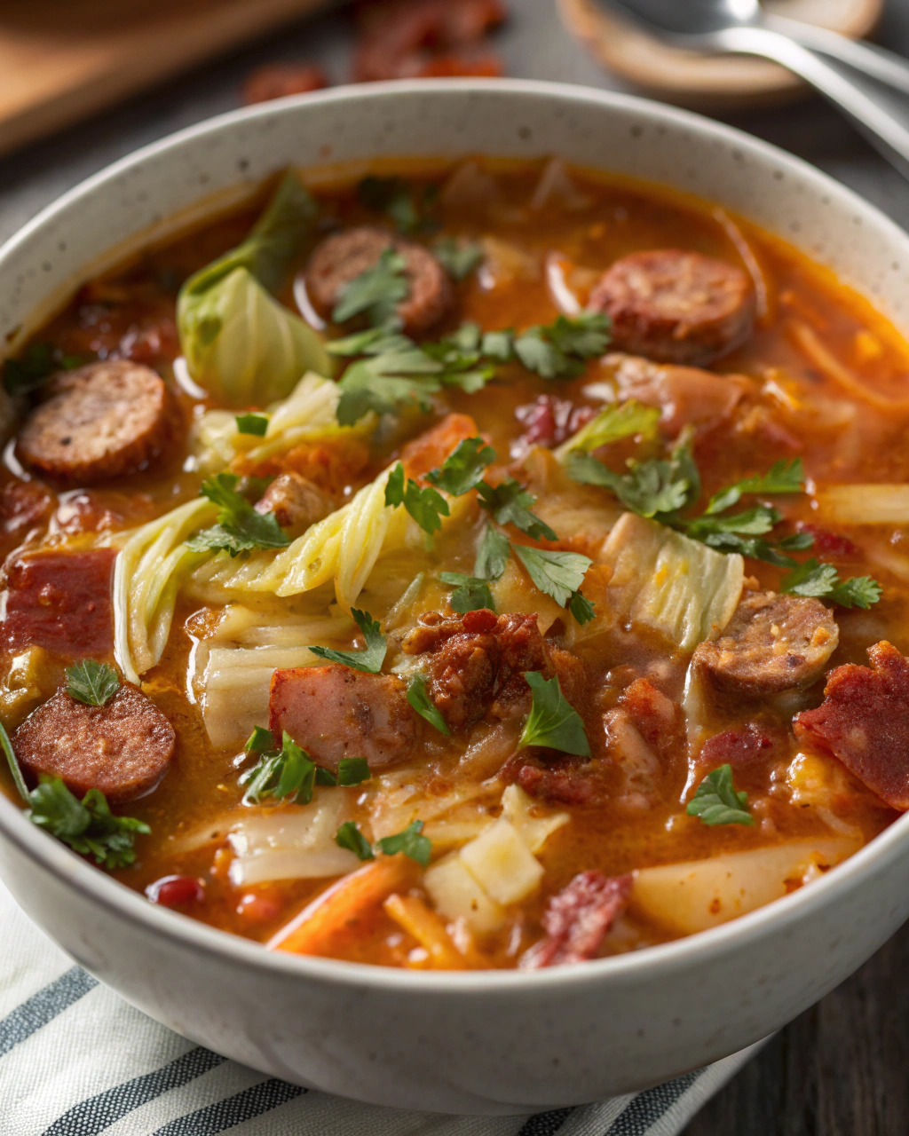 Hearty Sausage, Bacon, and Cabbage Soup
