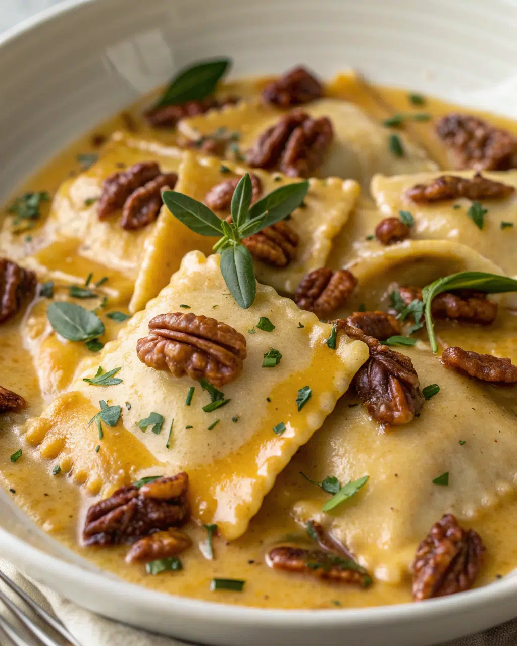 Homemade Butternut Squash Ravioli with Brown Butter Pecan Sauce
