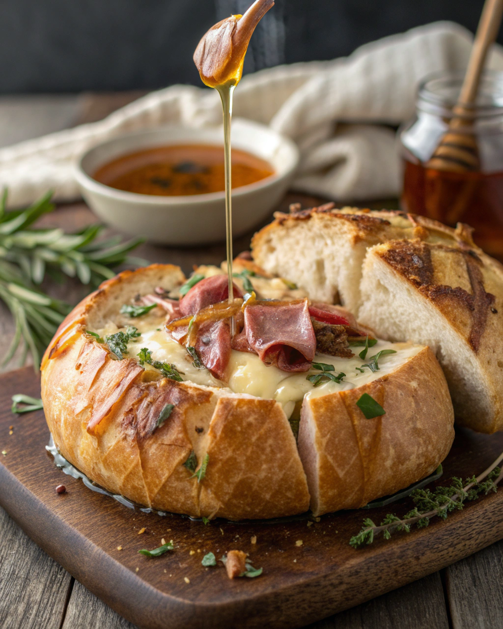 Irresistible Hot Honey Prosciutto Garlic Brie Bread