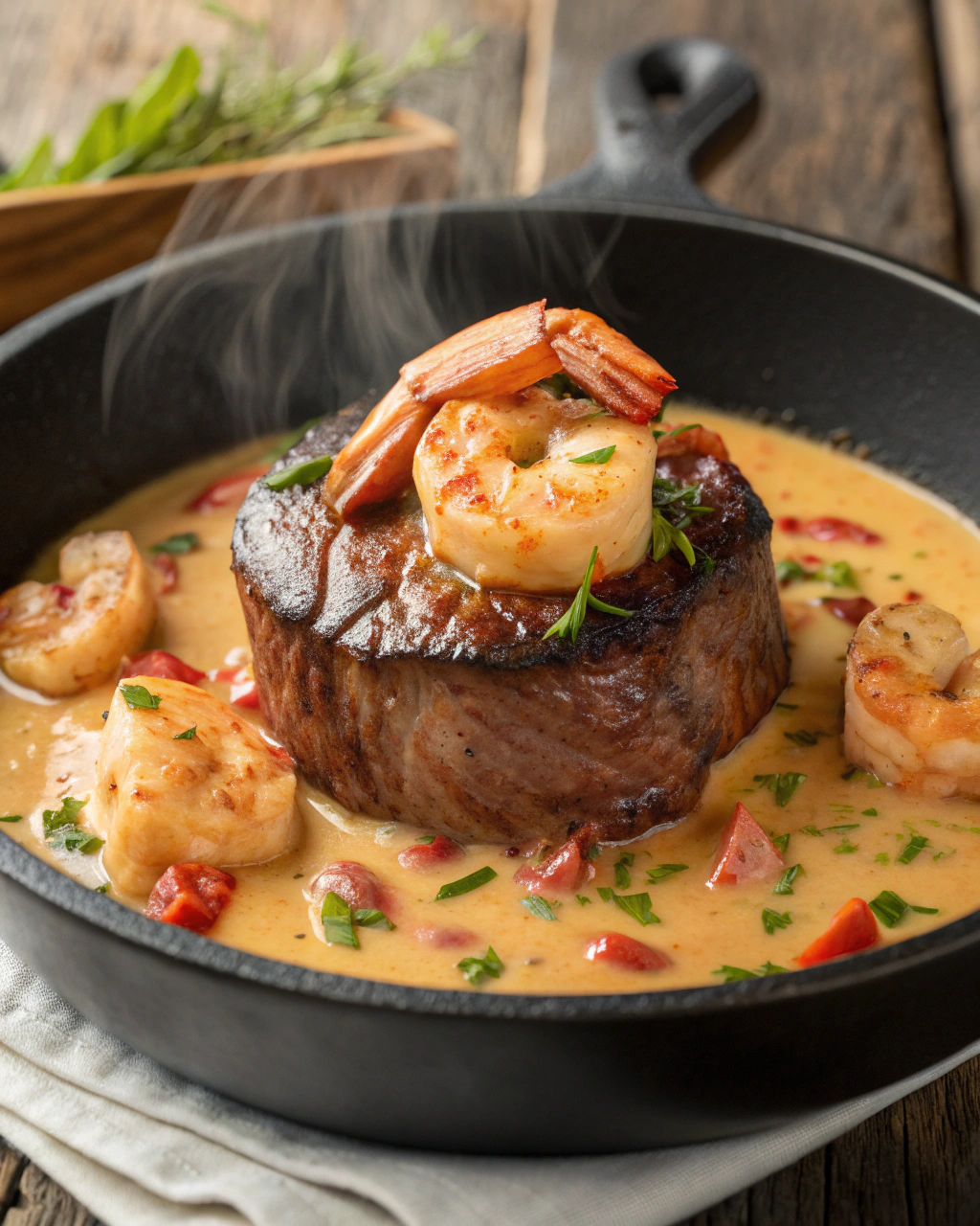 Juicy Filet Mignon in Lobster Cream Sauce with Shrimp