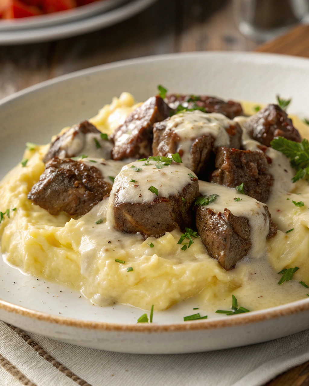Juicy Steak Bites with Creamy Parmesan Sauce and Cheesy Mashed Potatoes