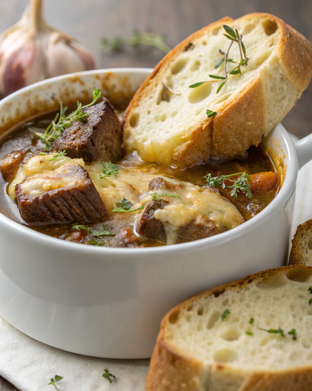 Rich French Onion Soup with Tender Short Ribs & Gruyère Bread