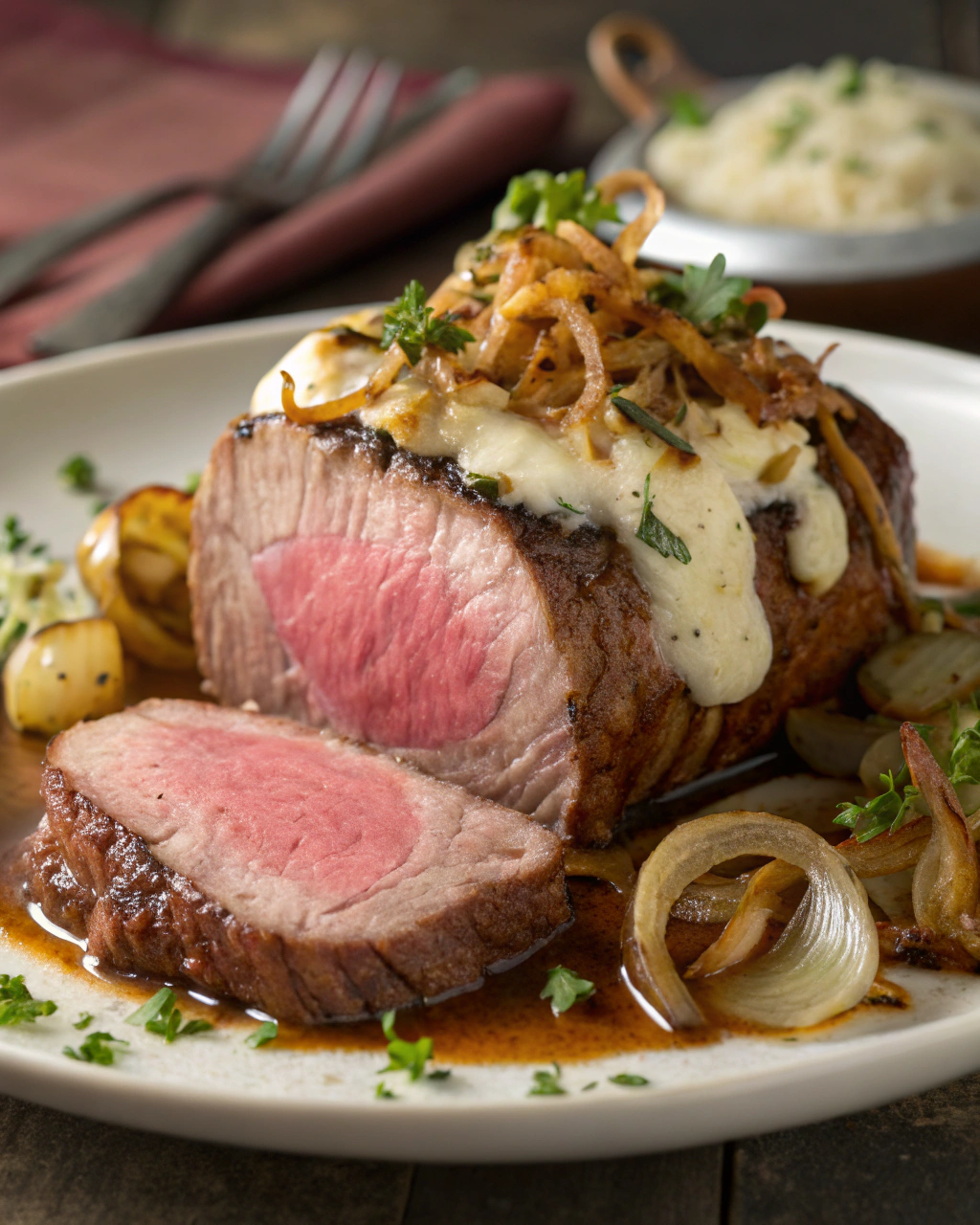 Roasted Beef Tenderloin with French Onions and Horseradish Sauce