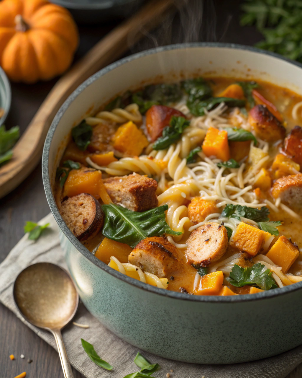 Roasted Butternut, Chicken Sausage & Spinach Soup One-Pot  Pasta Bowls