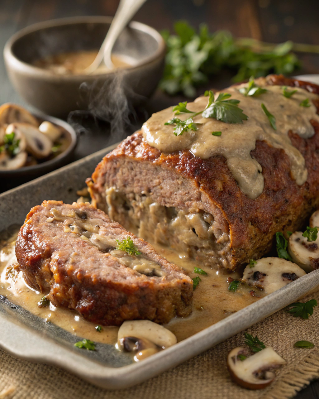 Salisbury Steak Style Meatloaf with Creamy Mushroom Gravy