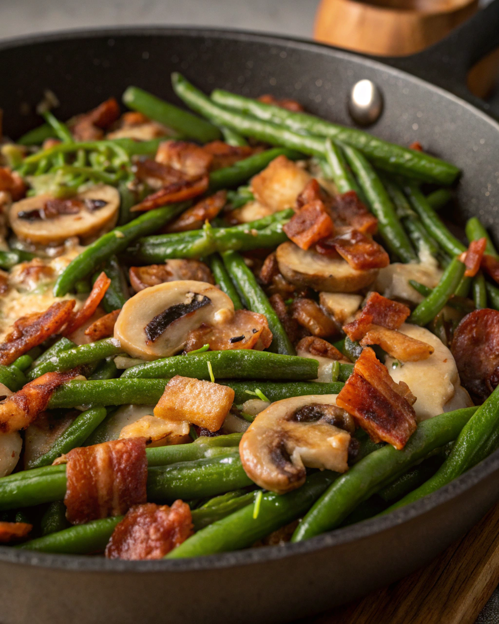 Sautéed Green Beans with Crispy Bacon and Mushrooms