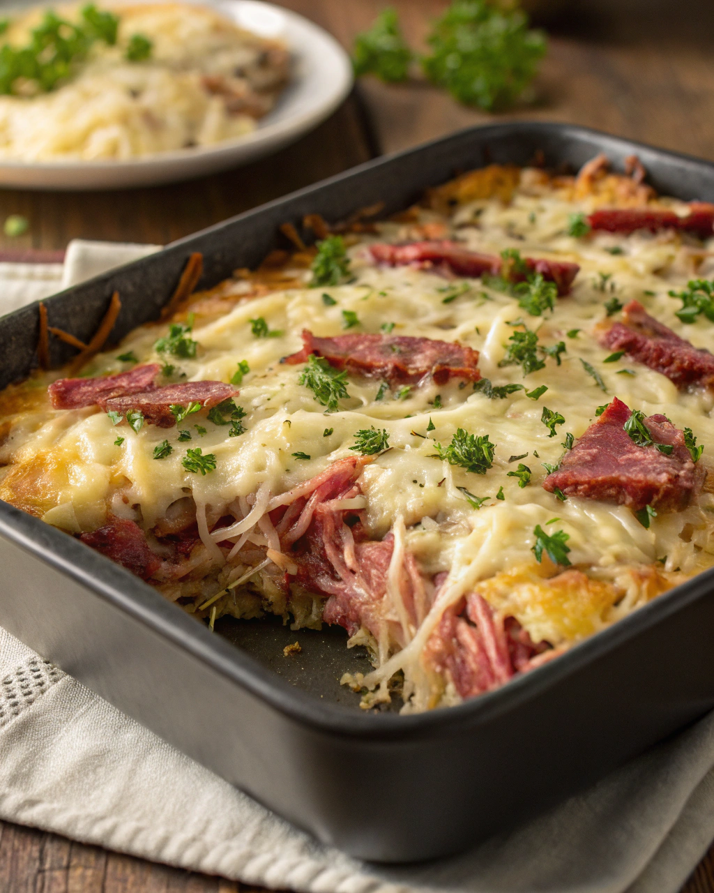 Savory Reuben Bake with Layers of Corned Beef, Sauerkraut, and Swiss Cheese
