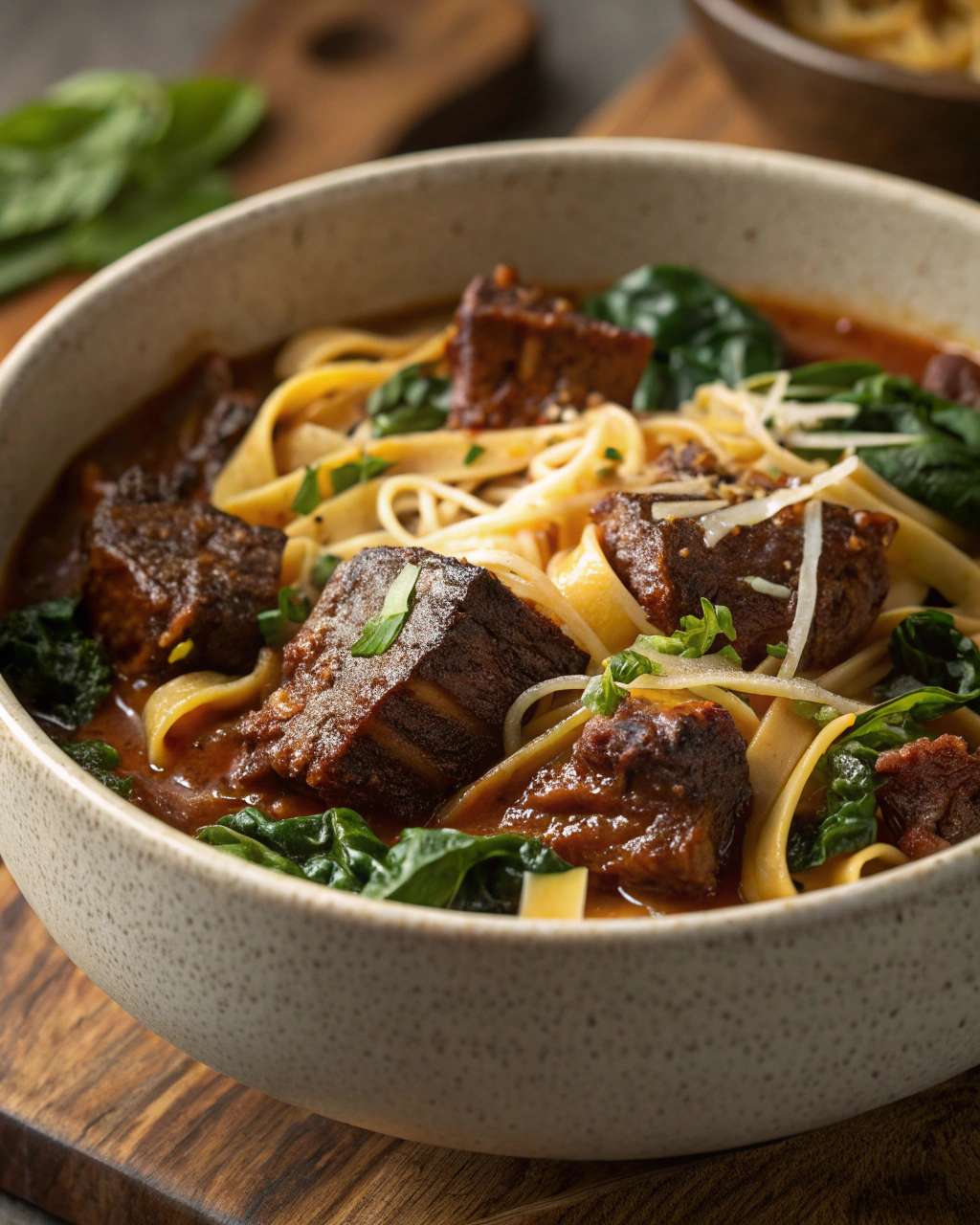 Slow-Cooked Short Ribs with Noodles and Spinach  A Comforting Bowl of Flavor