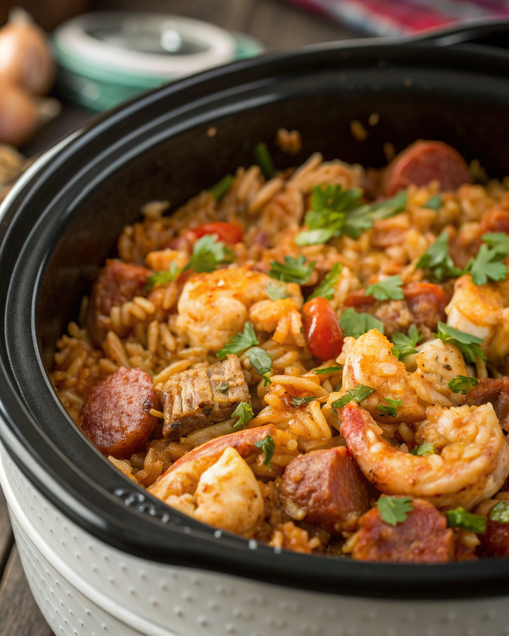 Slow Cooker Cajun Jambalaya with Chicken, Sausage & Shrimp
