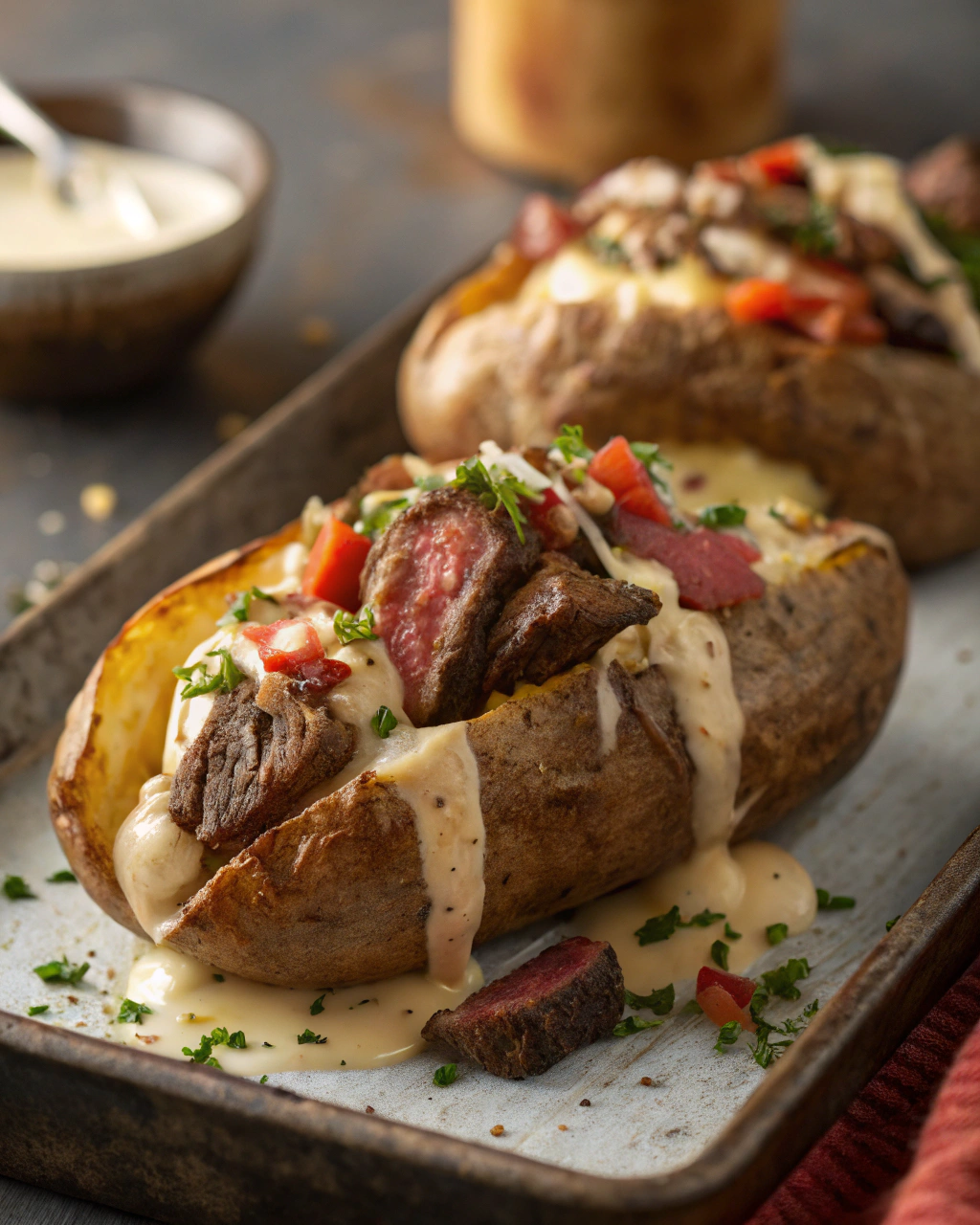 Steak-Stuffed Baked Potatoes with Creamy Parmesan Sauce: A Flavorful Feast You’ll Love