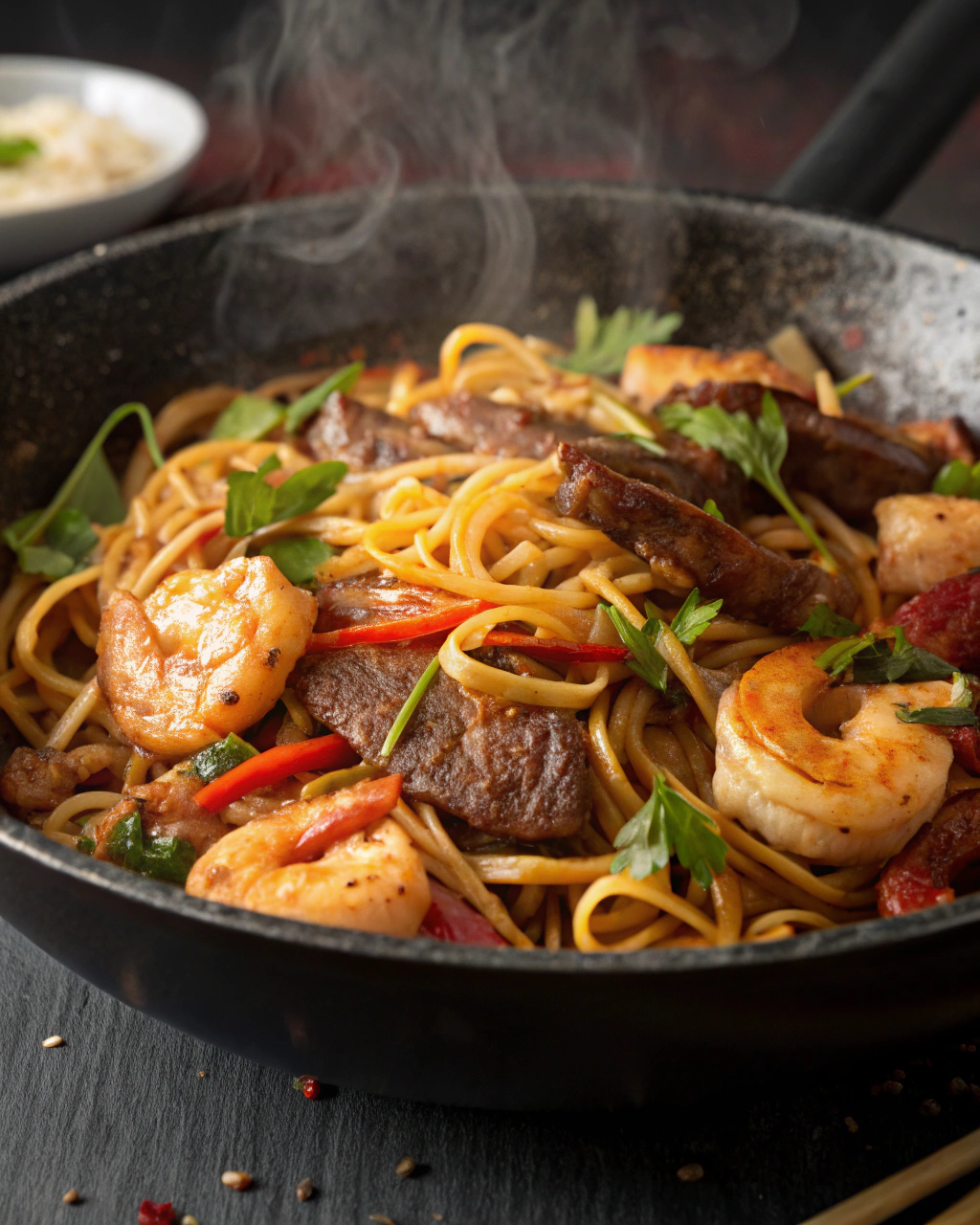 Surf & Turf Noodle Stir-Fry with Steak and Shrimp