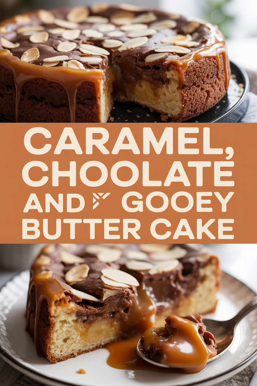Caramel, Chocolate, and Almond Gooey Butter Cake