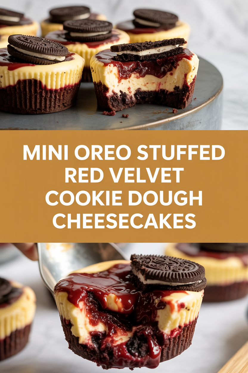 Mini Oreo Stuffed Red Velvet Cookie Dough Cheesecakes